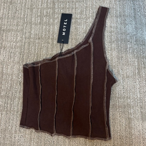 Motel Rocks Rara Crop Top In Rib Deep Mahogany With Brown Stitching - Picture 7 of 9